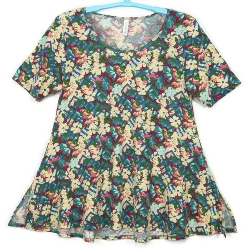 LuLaRoe Perfect T‎ Shirt Top Blouse Yellow Blue Green Pink Floral L Large